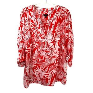 Talbots Plus Size 2X Tunic Top Red White Tropical Cotton Vacation Coastal 1264